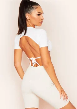 Mandy White Tie Back Cropped Ribbed T-Shirt