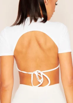 Mandy White Tie Back Cropped Ribbed T-Shirt
