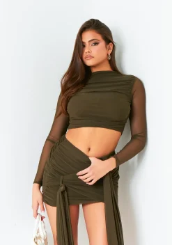 Mariah Dark Khaki Mesh Long Sleeve Crop Top