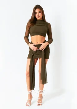 Mariah Dark Khaki Mesh Long Sleeve Crop Top