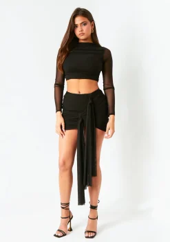 Mariah Khaki Mesh Long Sleeve Crop Top
