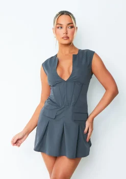 Matilda Dark Grey Plunge Pleated Dress