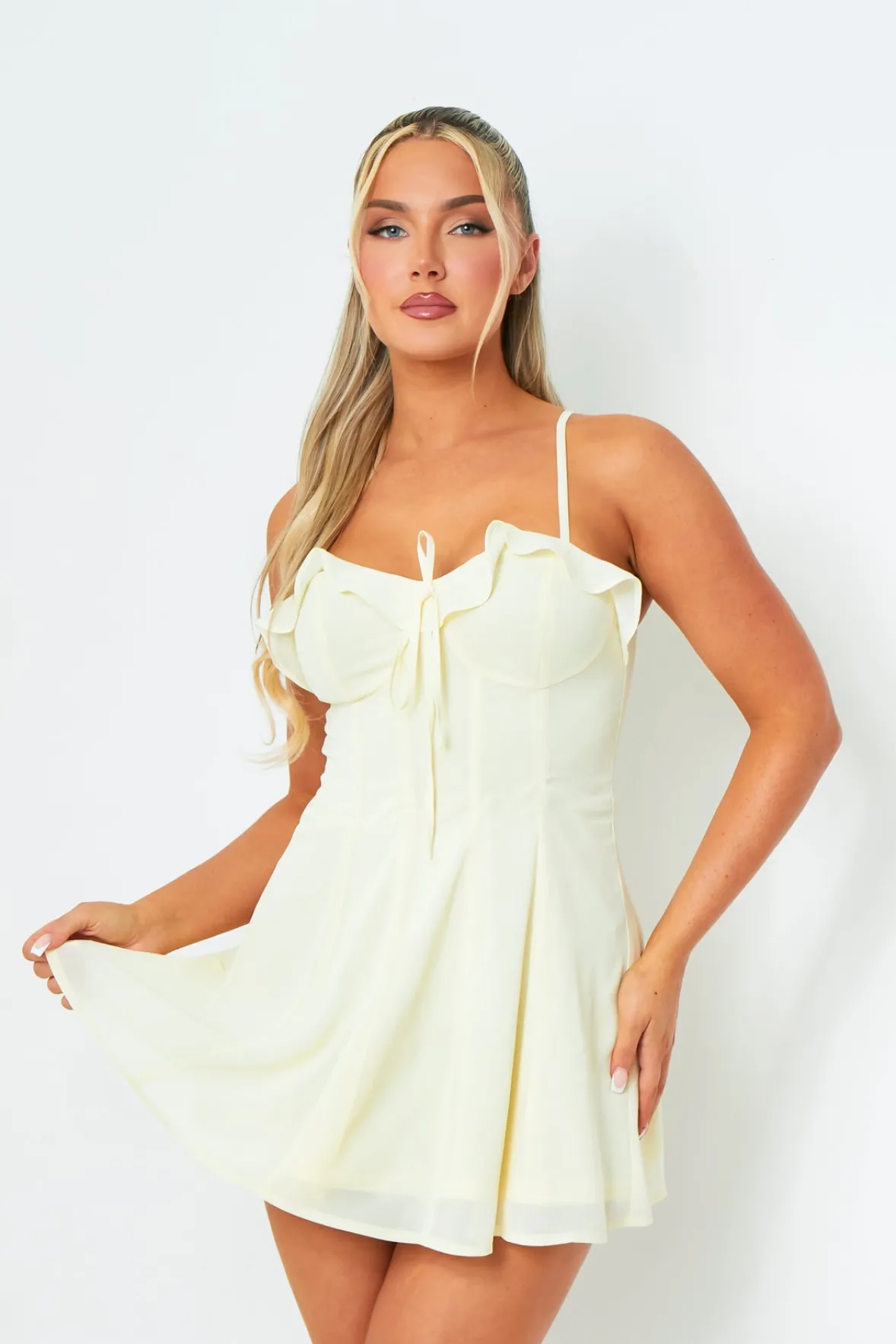 Maura Butter Yellow Strappy Detail Pleated Mini Dress