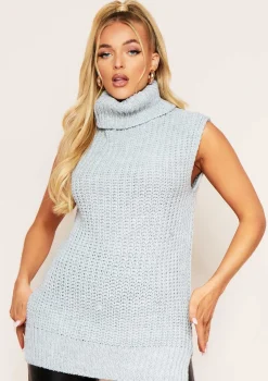 Maycee Light Grey Roll Neck Sleeveless Knitted Jumper Dress