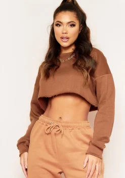 Melanie Chocolate Raw Hem Crew Neck Cropped Sweater
