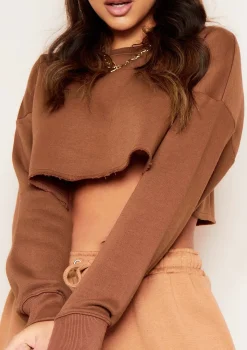 Melanie Chocolate Raw Hem Crew Neck Cropped Sweater