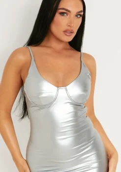 Mikayla Silver Leather Look Strappy Metallic Maxi Dress With Side Split