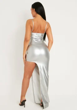 Mikayla Silver Leather Look Strappy Metallic Maxi Dress With Side Split