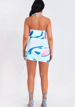 Mila Blue Halterneck Cross Over Side Ruched Mini Dress