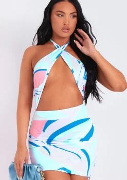 Mila Blue Halterneck Cross Over Side Ruched Mini Dress
