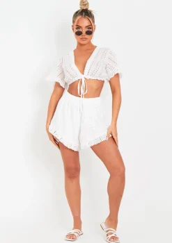 Milly White Broderie Crop Top And Shorts Set
