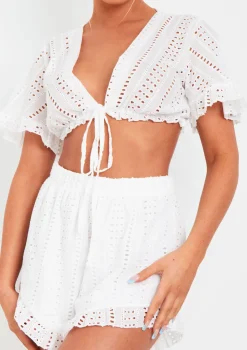 Milly White Broderie Crop Top And Shorts Set
