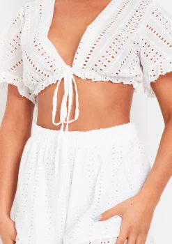 Milly White Broderie Crop Top And Shorts Set