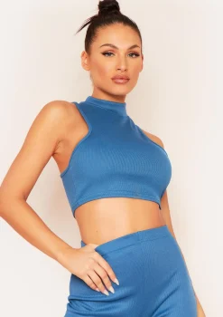 Molli Teal Blue Thick Bandage Rib Extreme Racer Crop Top