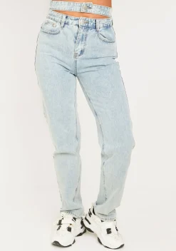 Mya Mid Wash Denim Double Waistband Straight Leg Jeans