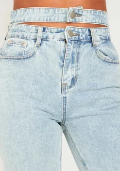 Mya Mid Wash Denim Double Waistband Straight Leg Jeans