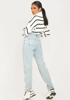 Mya Mid Wash Denim Double Waistband Straight Leg Jeans