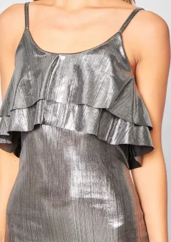 Narella Silver Metallic Frill Midi Dress
