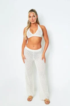 Natalie White Backless Crochet Halterneck Crop Top