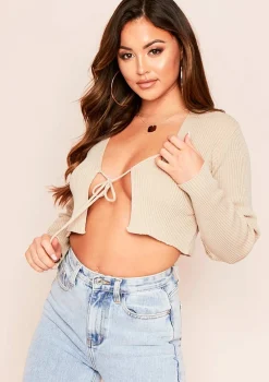 Nataly Stone Ribbed Knit Tie Cropped Cardigan