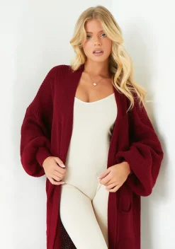 Nathalie Wine Balloon Sleeve Knitted Cardigan