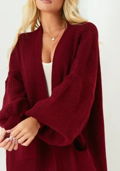 Nathalie Wine Balloon Sleeve Knitted Cardigan