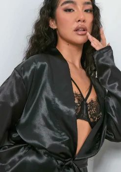 Neelam Black Satin Tie Waist Dressing Gown