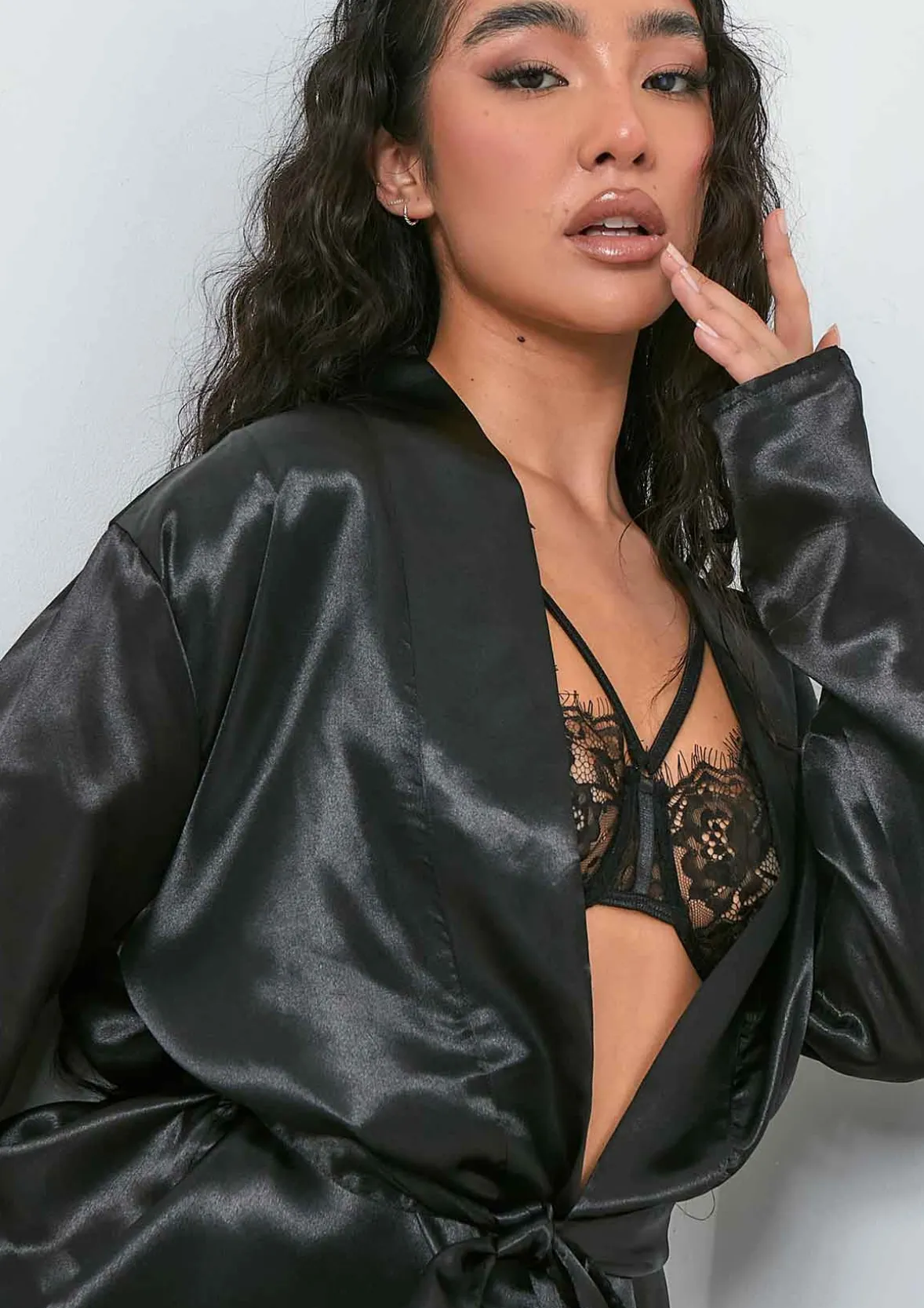 Neelam Black Satin Tie Waist Dressing Gown