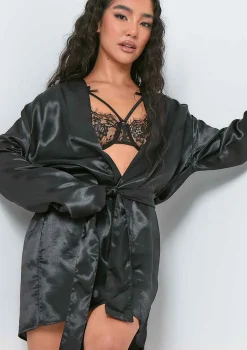 Neelam Black Satin Tie Waist Dressing Gown