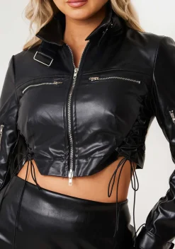 Nevra Black Cropped Vegan Leather Biker Jacket