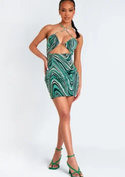 Nicola Green Printed Halter Neck Cut Out Mini Dress