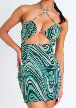 Nicola Green Printed Halter Neck Cut Out Mini Dress