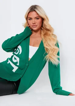Noella Dark Green 1990 Varsity Print Knitted Cardigan