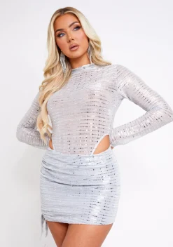 Octavia Silver Textured Sheer Sequin Ruched Mini Skirt