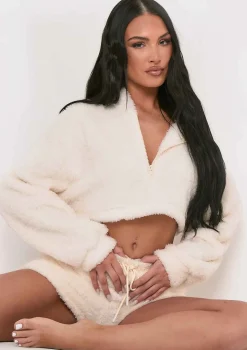 Olivia Cream Fluffy Teddy Borg Cropped Zip Up Hoodie