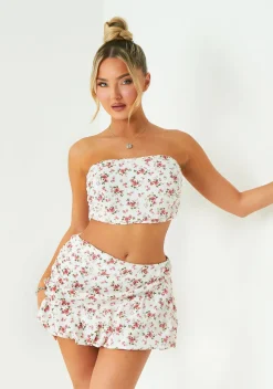 Paige White Floral Printed Ruched Bandeau Top