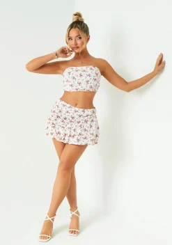 Paige White Floral Printed Ruched Bandeau Top