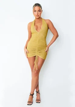Paris Gold Glitter Plunge Ruched Mini Dress