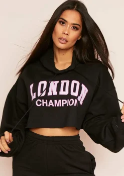 Parker Black Slogan Oversized Cropped Hoodie