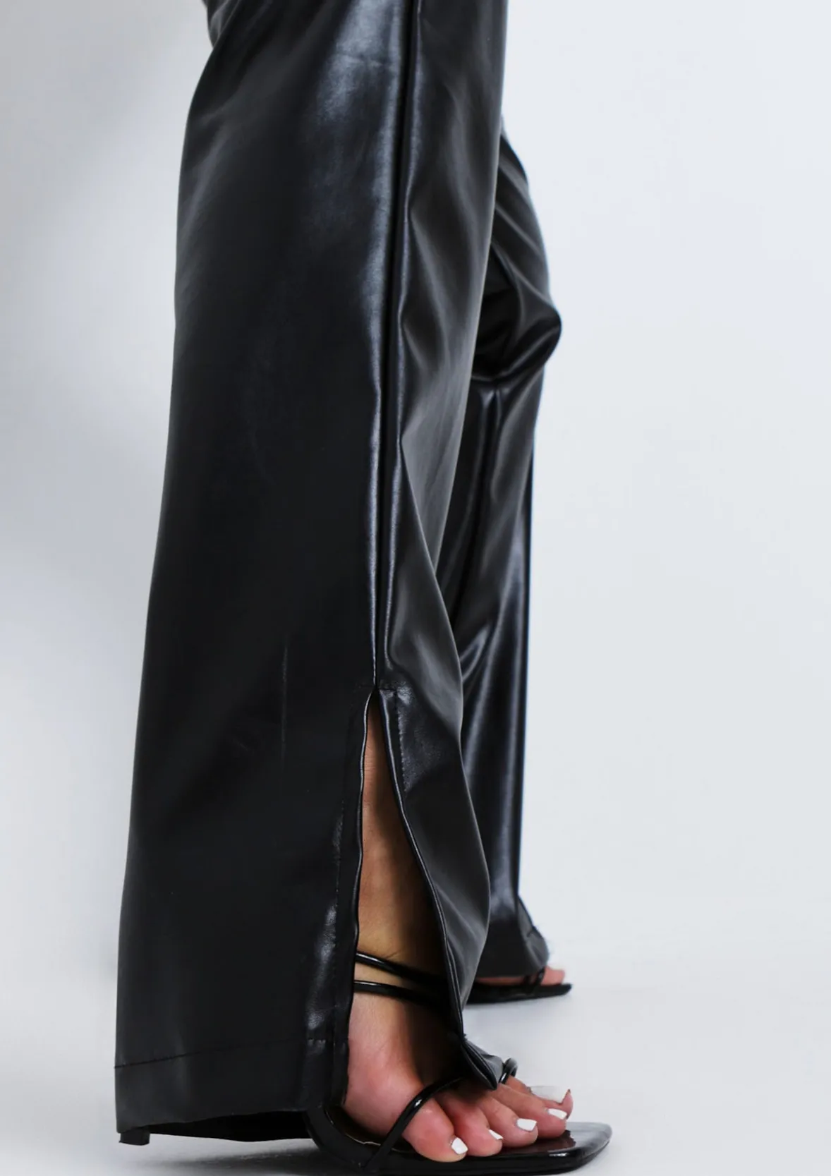 Perrie Black Faux Leather Straight Leg Split Detail Trousers
