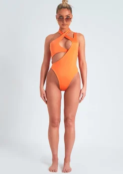 Petra Orange Halter Neck Cut Out Swimsuit