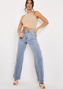 Phoebe Denim Light Wash Frayed Raw Hem Jeans