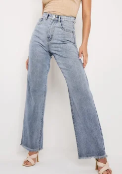 Phoebe Denim Light Wash Frayed Raw Hem Jeans