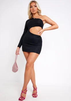 Piper Black One Shoulder Glitter Cut Out Mini Dress