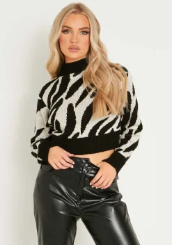 Polly Black And White Swirl Print High Neck Cropped Jumper