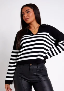 Raina Black & White Stripe Collared Knitted Jumper