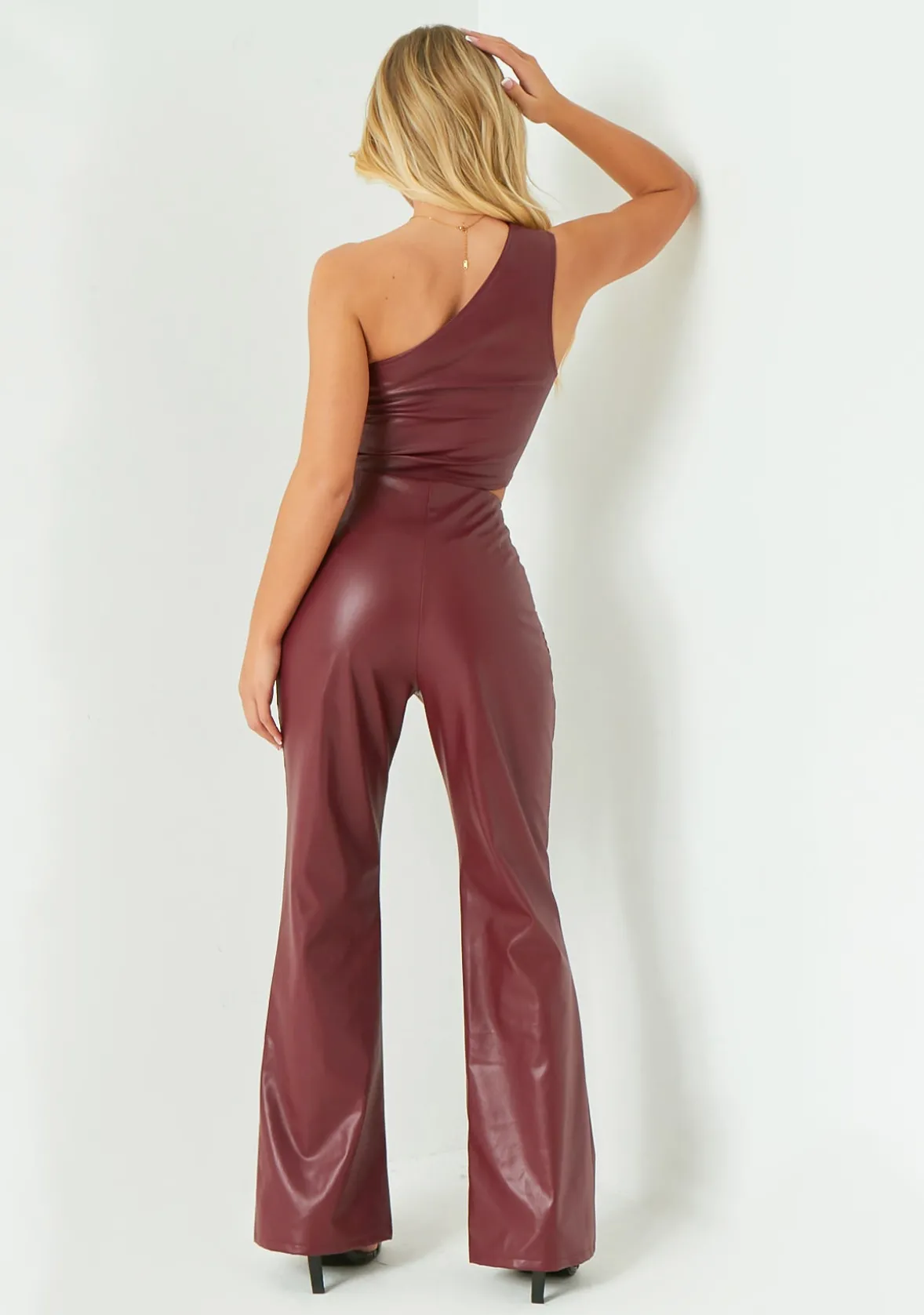 Ramona Wine Fold Over Corset Detail Faux Leather Top