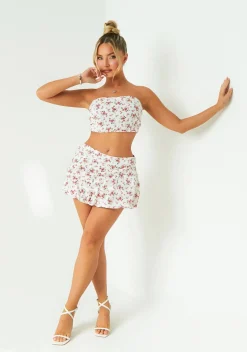 Renee White Floral Printed Puff Ball Mini Skirt