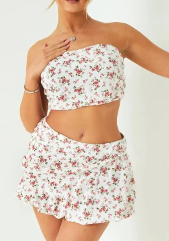 Renee White Floral Printed Puff Ball Mini Skirt