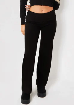 Rina Black Knit Fold Over Waist Flare Trousers